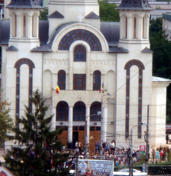 crowd gathers to worship Mary at the Orthodox church in our neighborhood